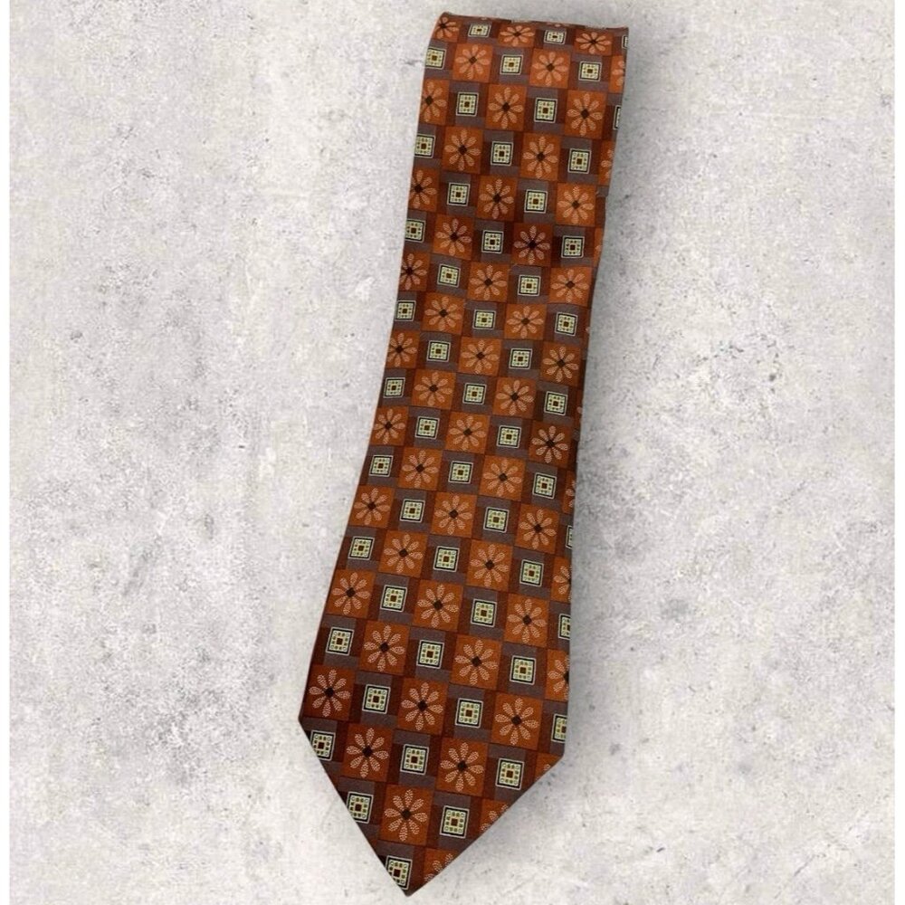 ERMENEGILDO ZEGNA Silk Tie ITALY Brown Orange Geometric Floral W:3.6" EUC